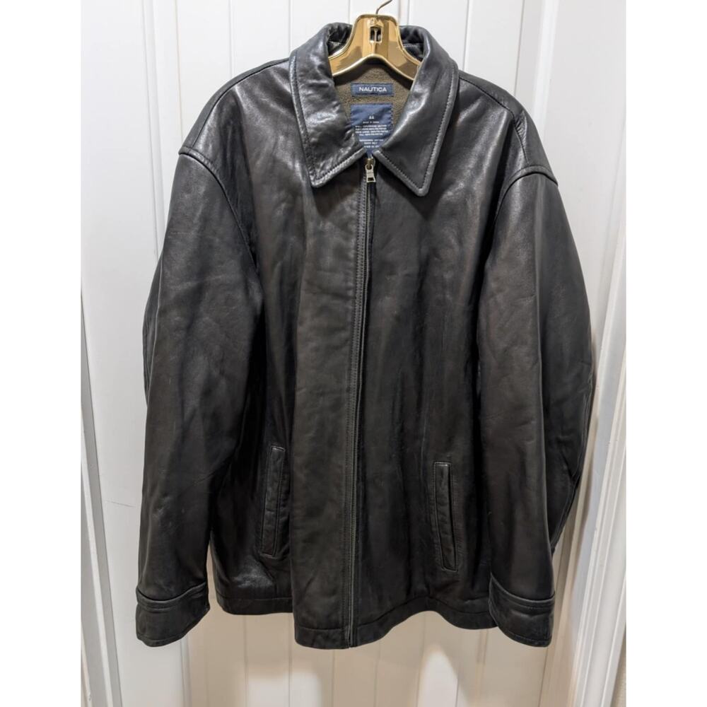 Vintage Retro 1990s Mens Nautica Black Leather Jacket Fleece Lined Size 44
